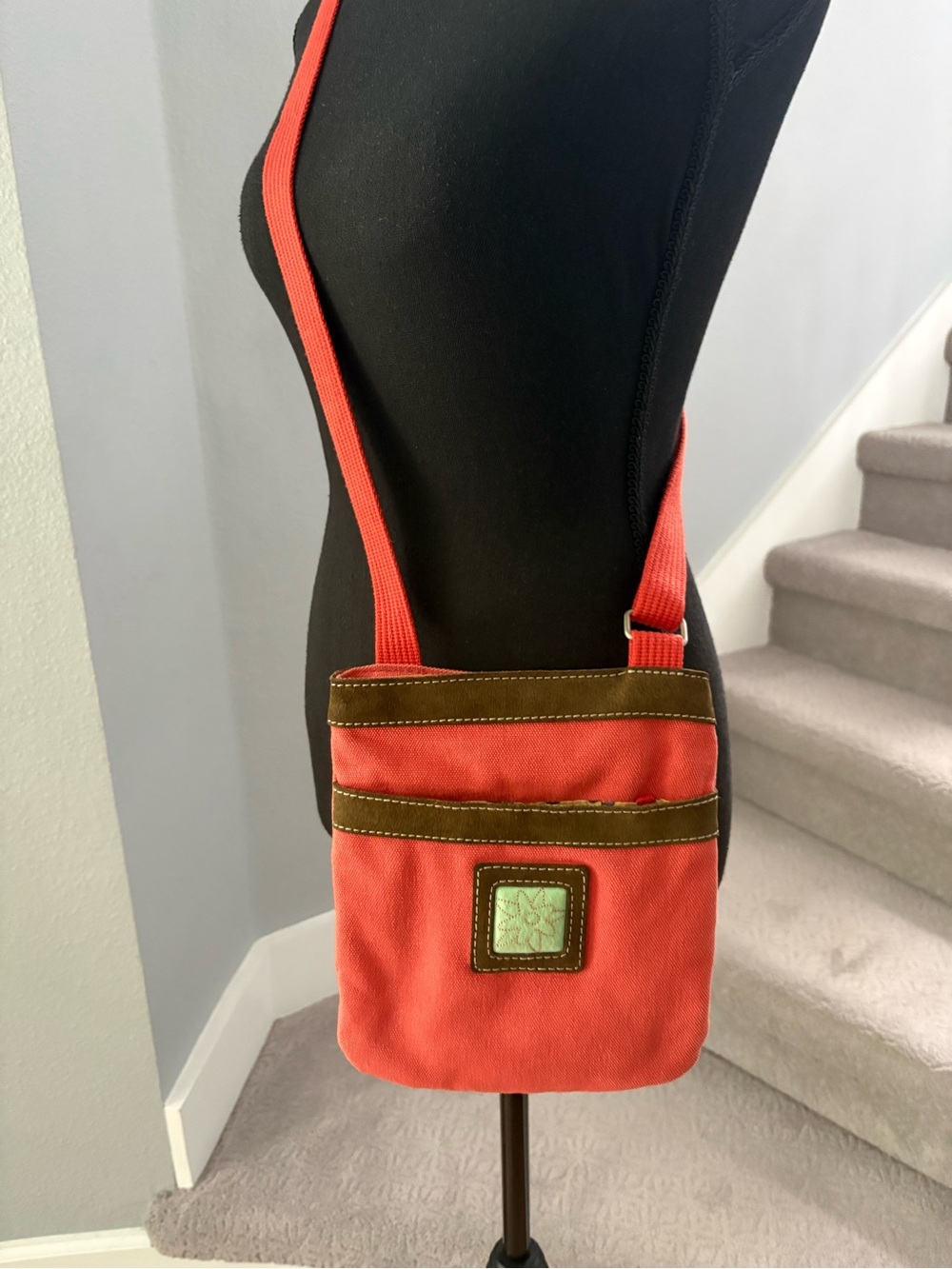 Sherpani Coral Crossbody with Brown Trim and Embroidery Accents
